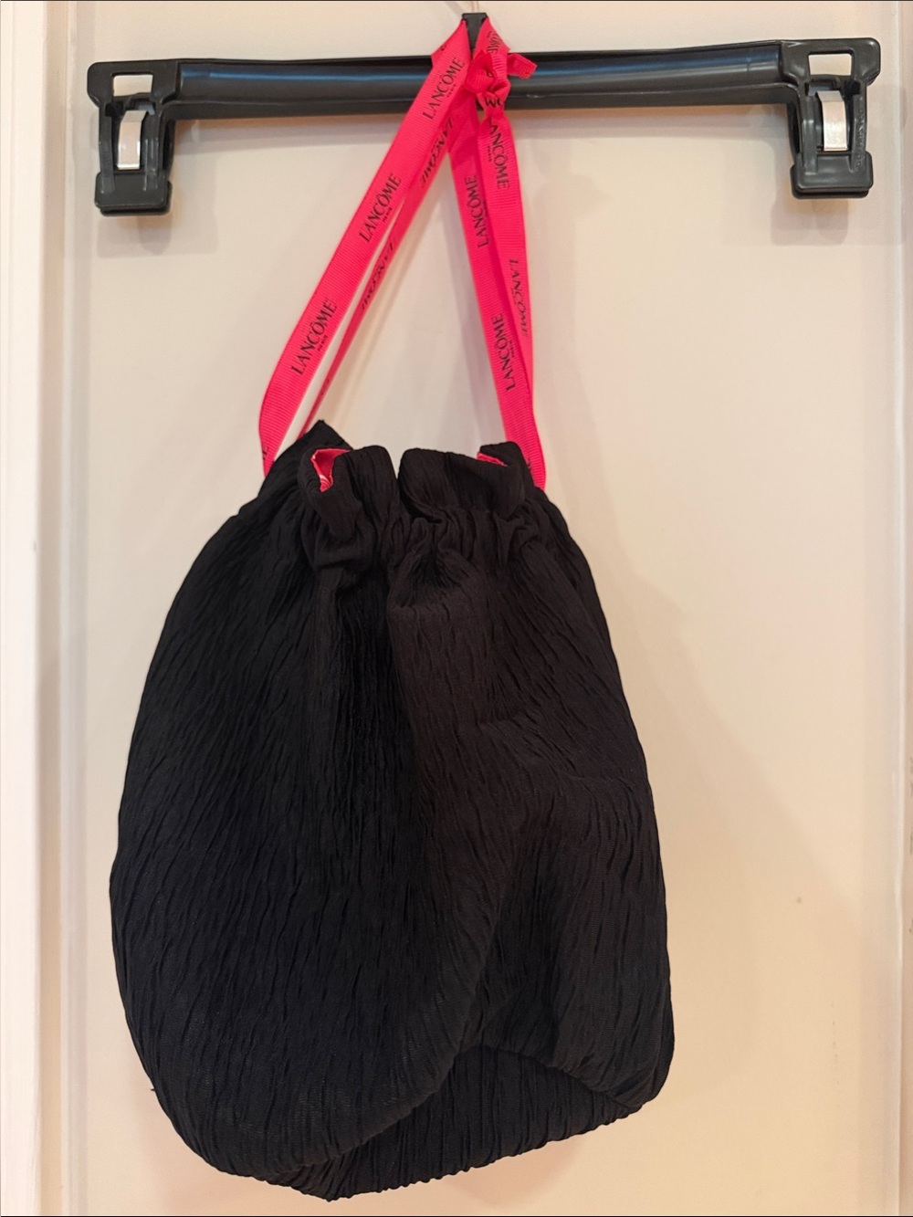 Lancome Black Drawstring Cosmetic Bag with Pink Logo Ribbon Strap